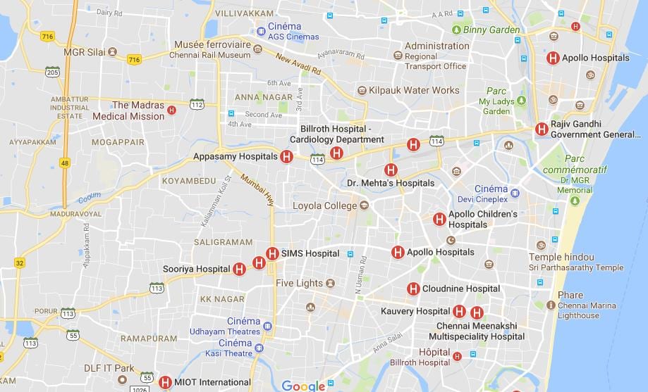 térkép Chennai Kórházak 