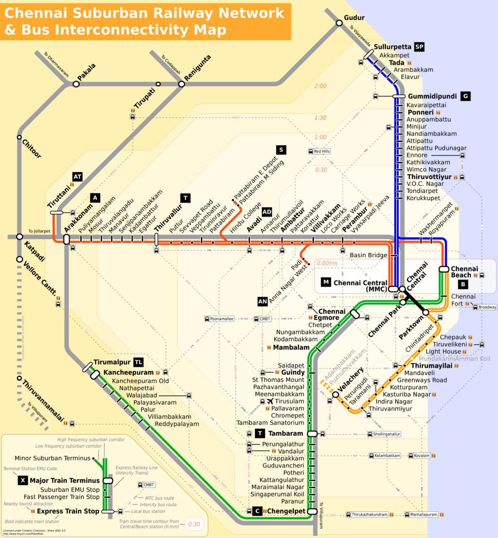 Chennai city térkép a busz útvonalak